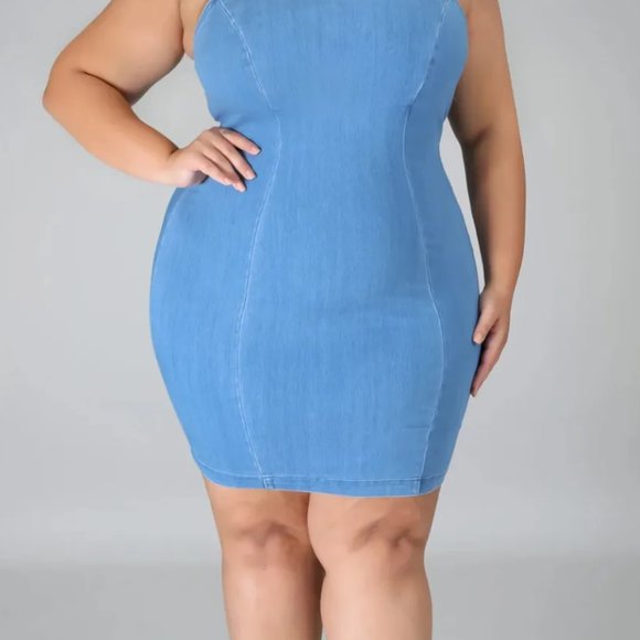 Plus Size Women Elegant Basic Denim Sleeveless Bodycon Slip Dress - Picture 4 of 12